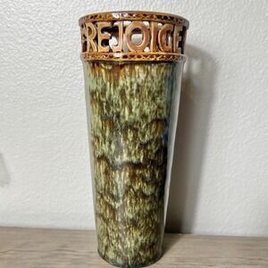 Vintage "Rejoice in the‎ Lord" Vase Drip Glaze Pottery Religious Inspirational